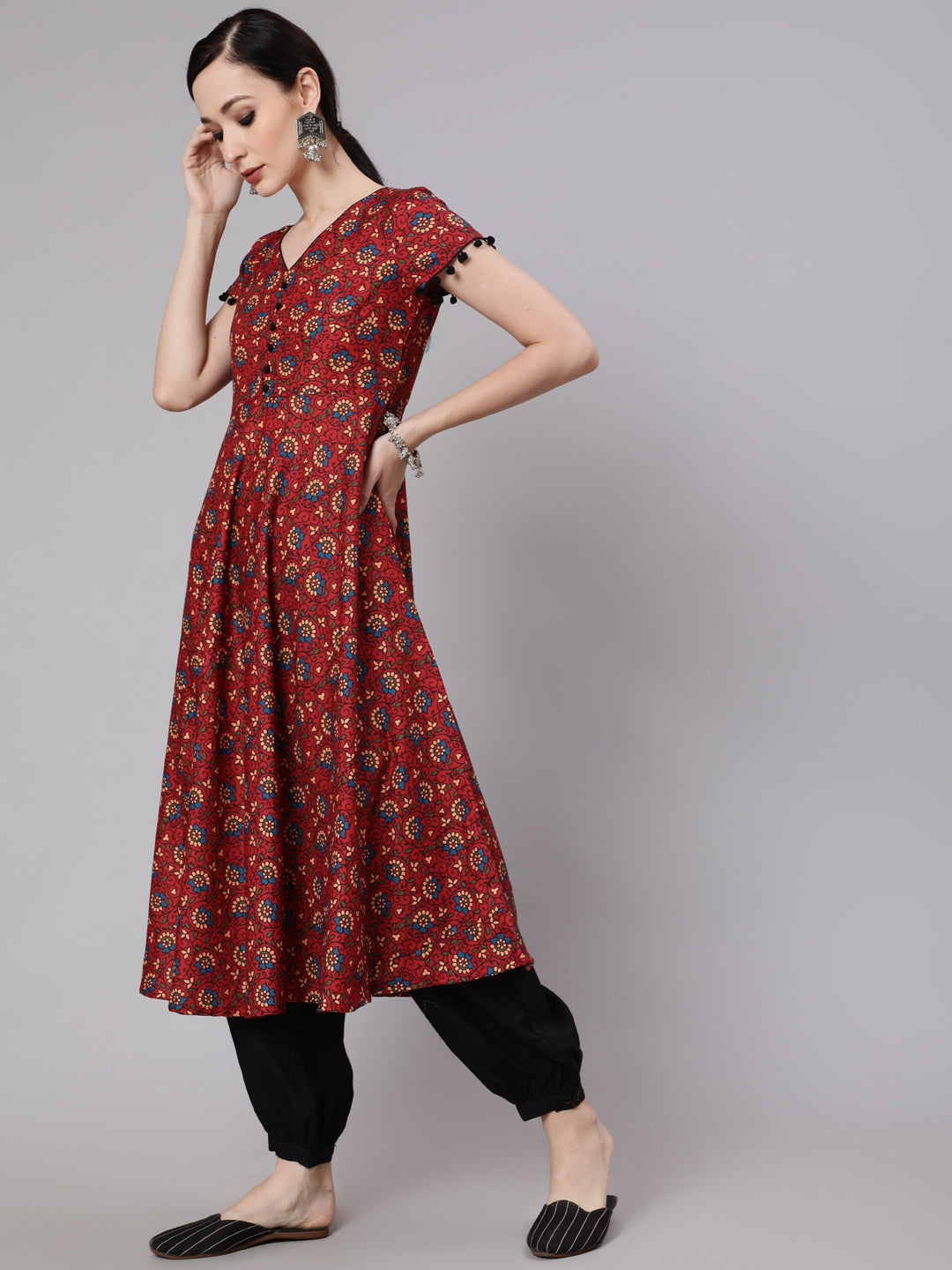 Women's Maroon Floral Print Anarkali
