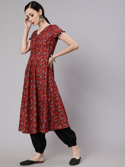 Women's Maroon Floral Print Anarkali