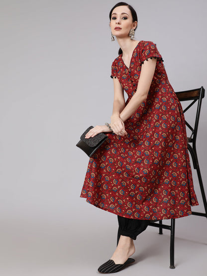 Women's Maroon Floral Print Anarkali