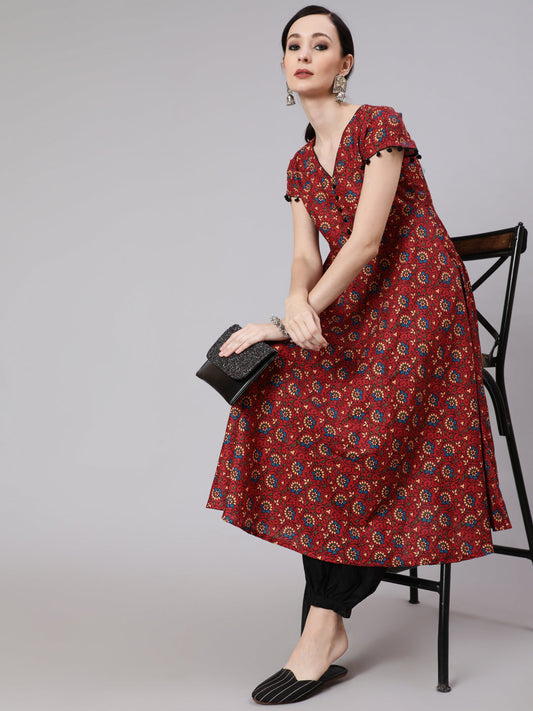 Women's Maroon Floral Print Anarkali