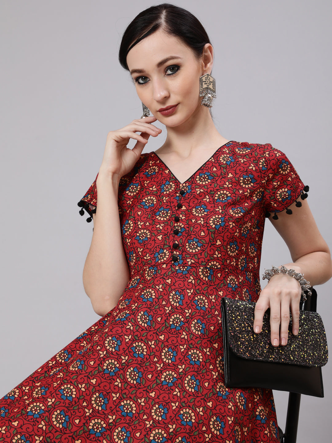 Women's Maroon Floral Print Anarkali