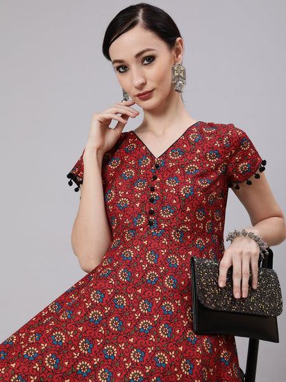Women's Maroon Floral Print Anarkali