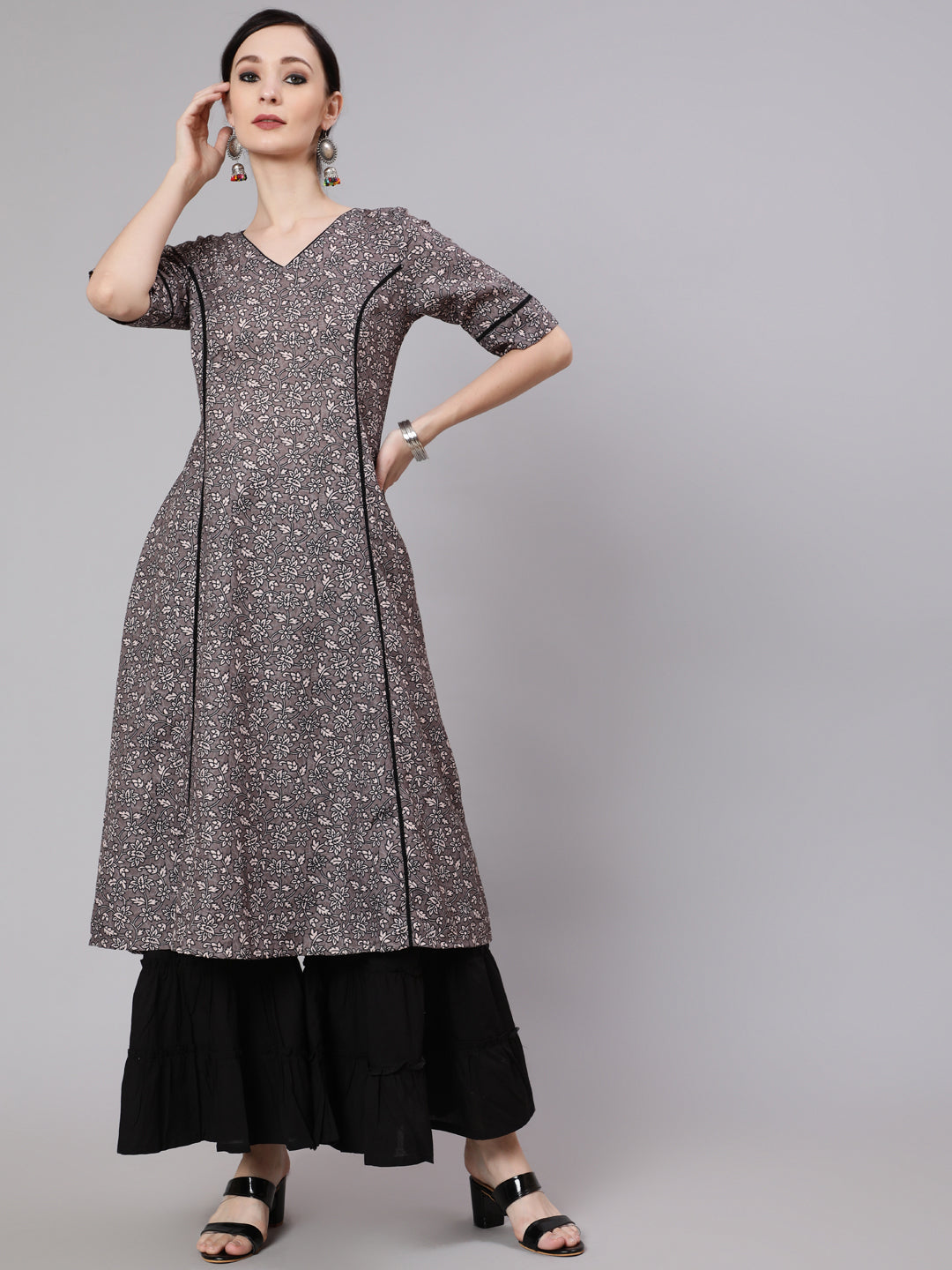Women's Grey Floral Print A-Line Kurta