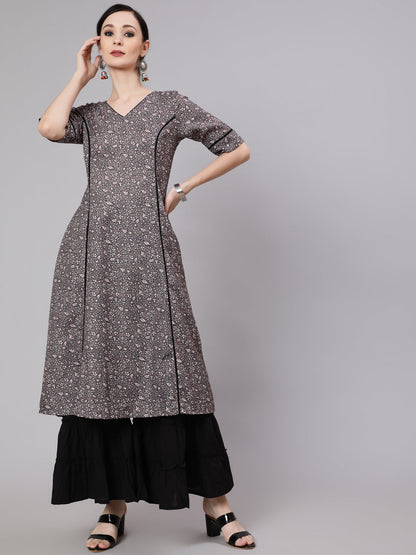 Women's Grey Floral Print A-Line Kurta