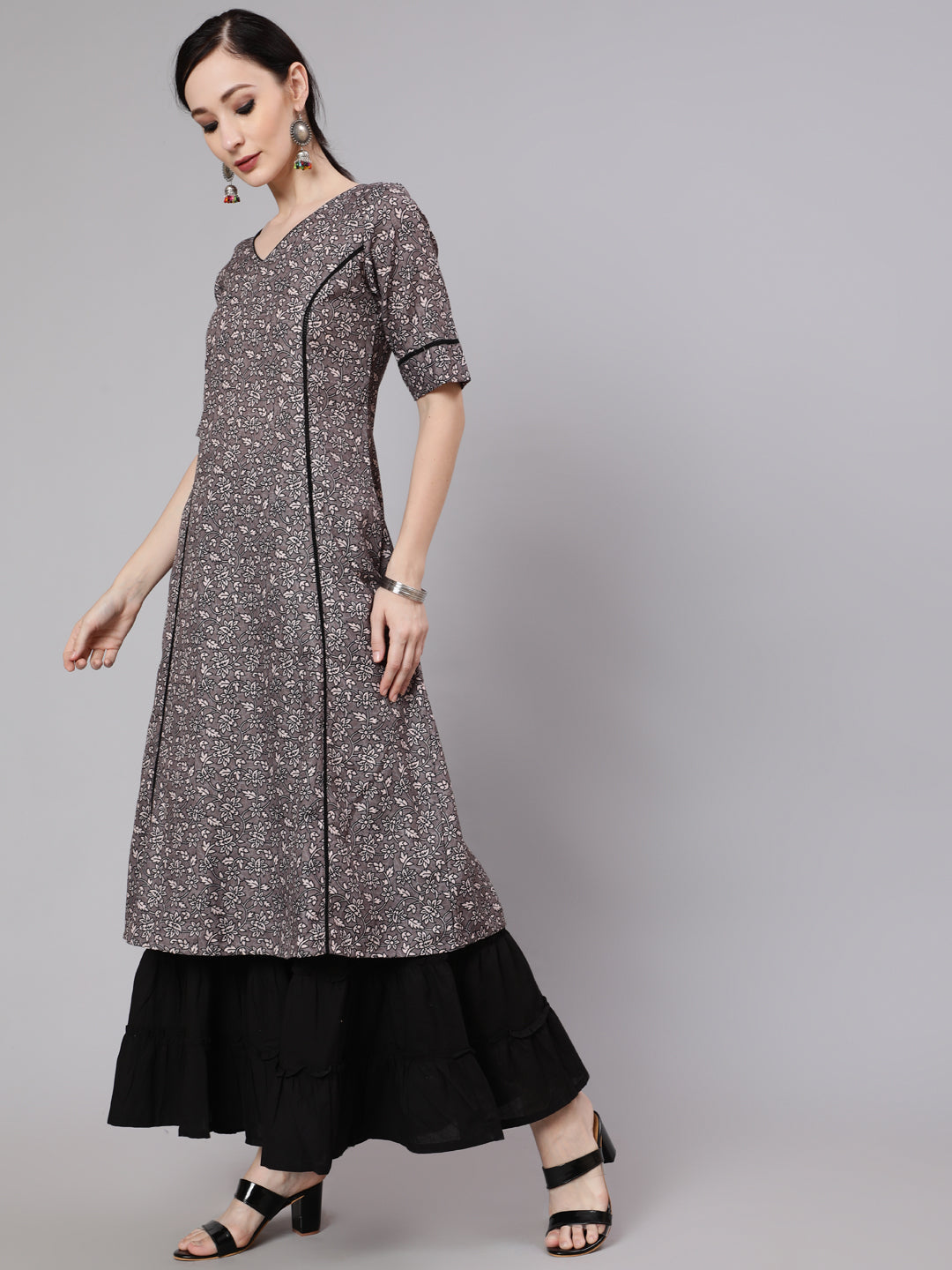 Women's Grey Floral Print A-Line Kurta