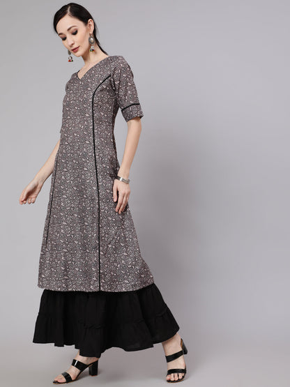 Women's Grey Floral Print A-Line Kurta