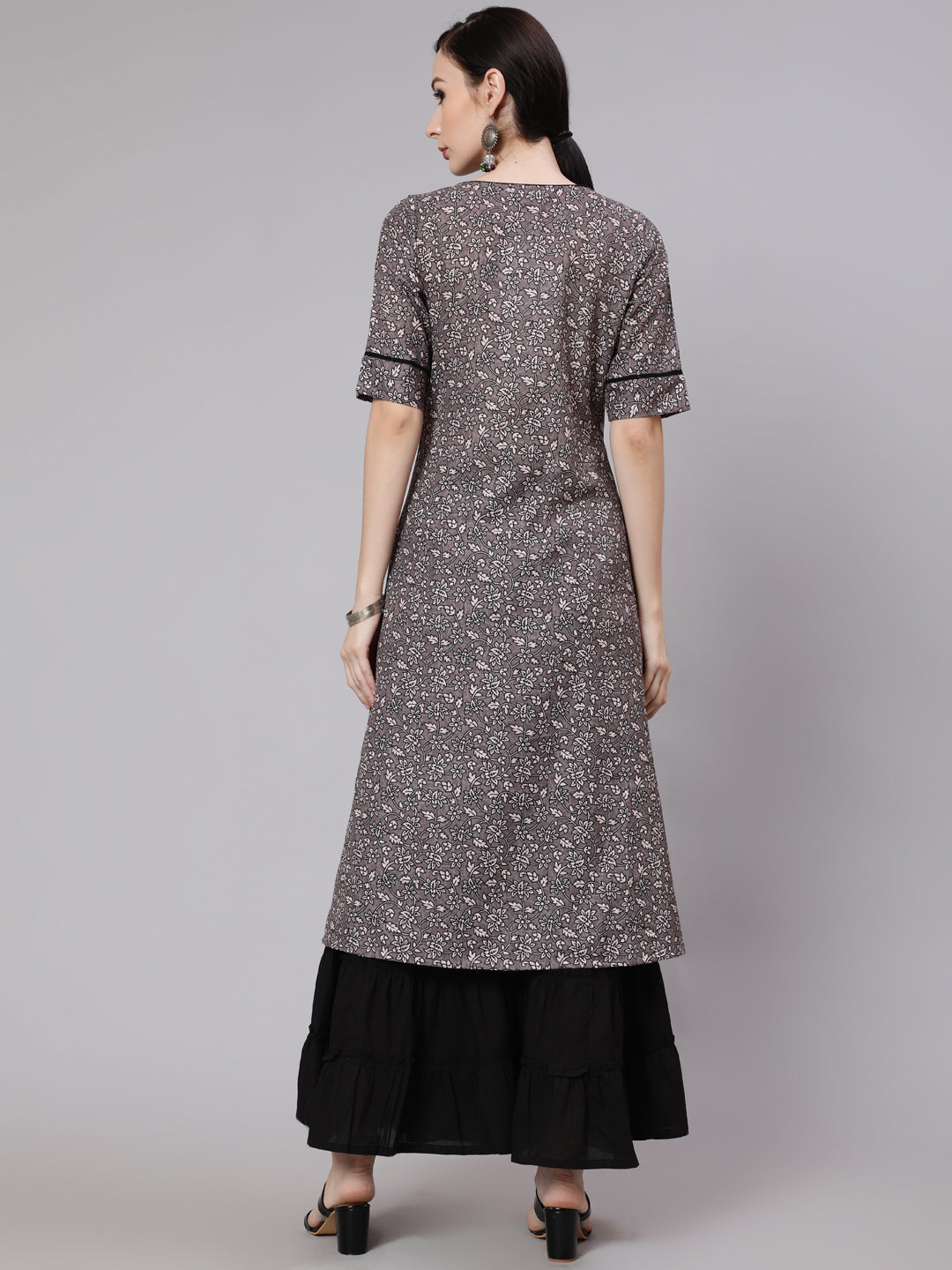 Women's Grey Floral Print A-Line Kurta