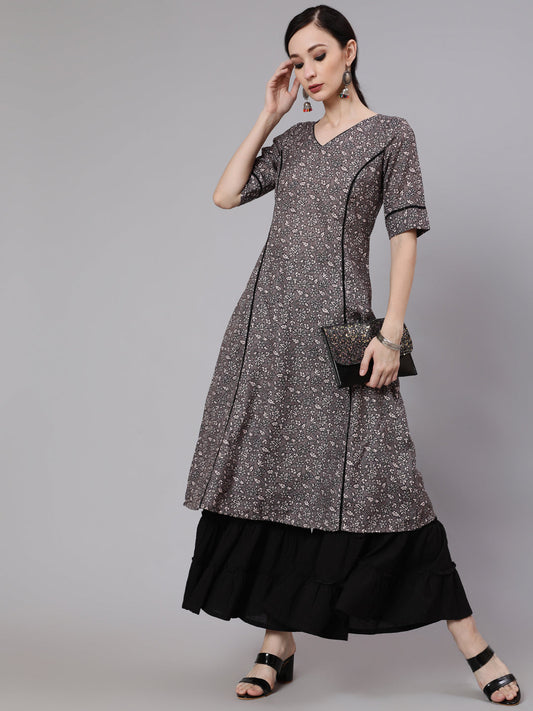 Women's Grey Floral Print A-Line Kurta