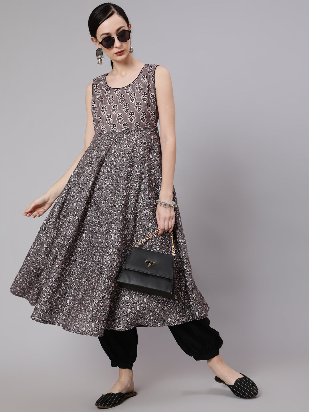 Women's Grey & Black Floral Print Anarkali
