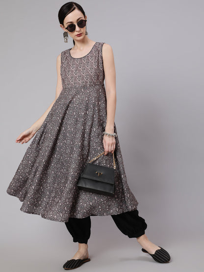 Women's Grey & Black Floral Print Anarkali