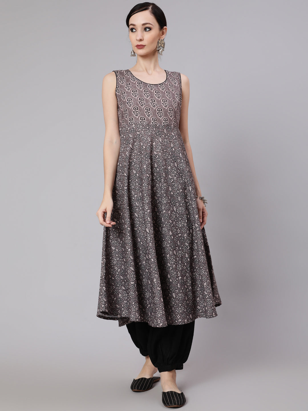 Women's Grey & Black Floral Print Anarkali