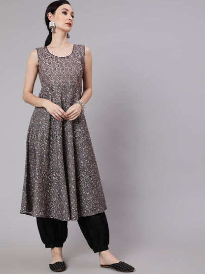 Women's Grey & Black Floral Print Anarkali