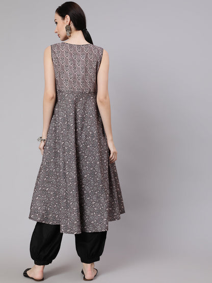 Women's Grey & Black Floral Print Anarkali