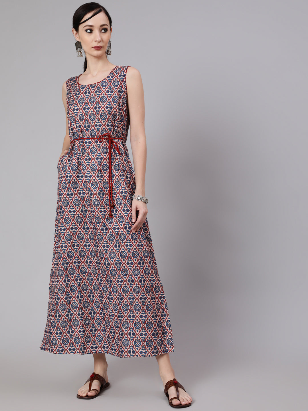 Women's Blue Printed Side Slit Maxi Dress