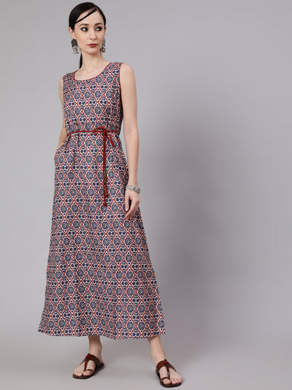 Women's Blue Printed Side Slit Maxi Dress
