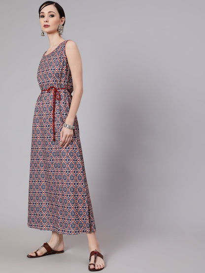 Women's Blue Printed Side Slit Maxi Dress
