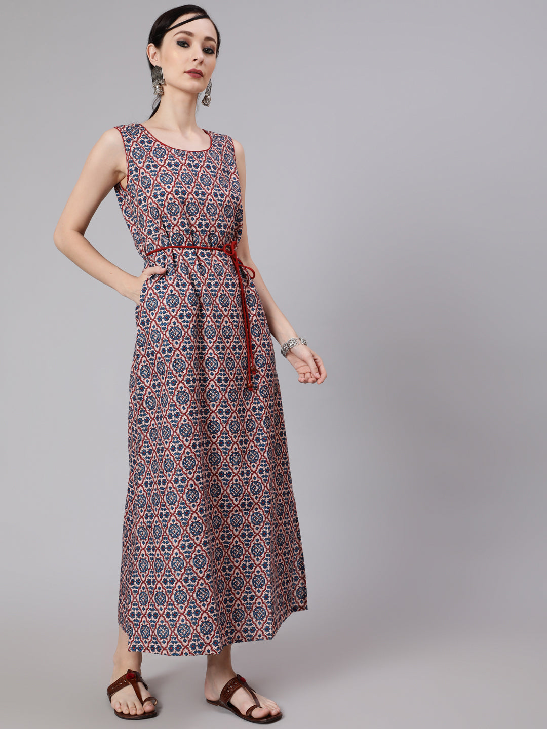Women's Blue Printed Side Slit Maxi Dress