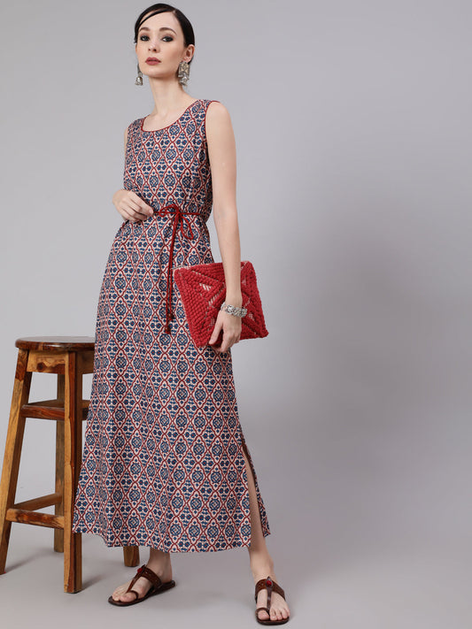 Women's Blue Printed Side Slit Maxi Dress