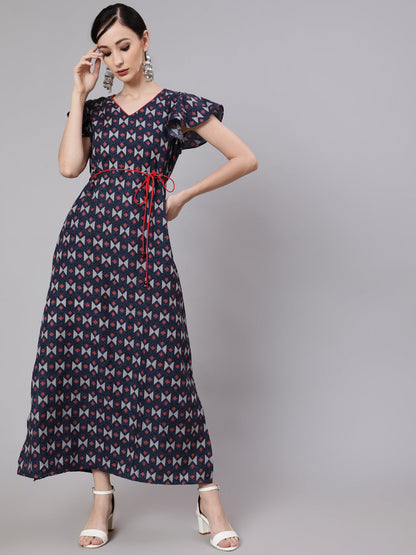 Women's Blue & Maroon Printed Side Slit Maxi Dress