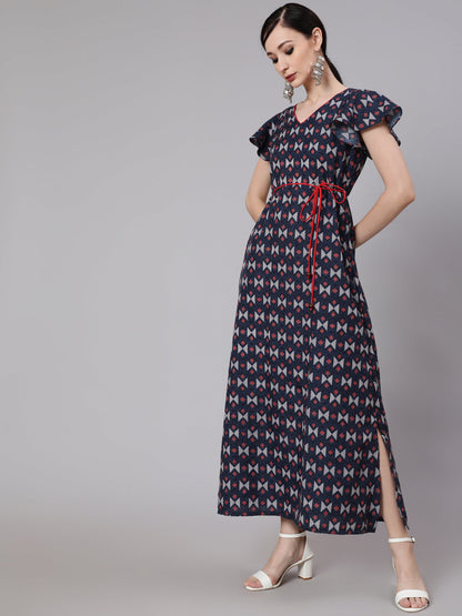 Women's Blue & Maroon Printed Side Slit Maxi Dress