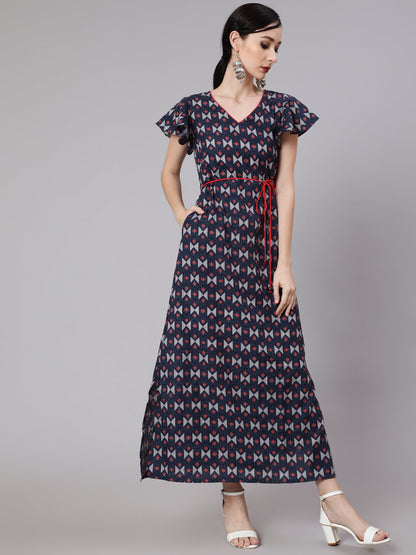 Women's Blue & Maroon Printed Side Slit Maxi Dress