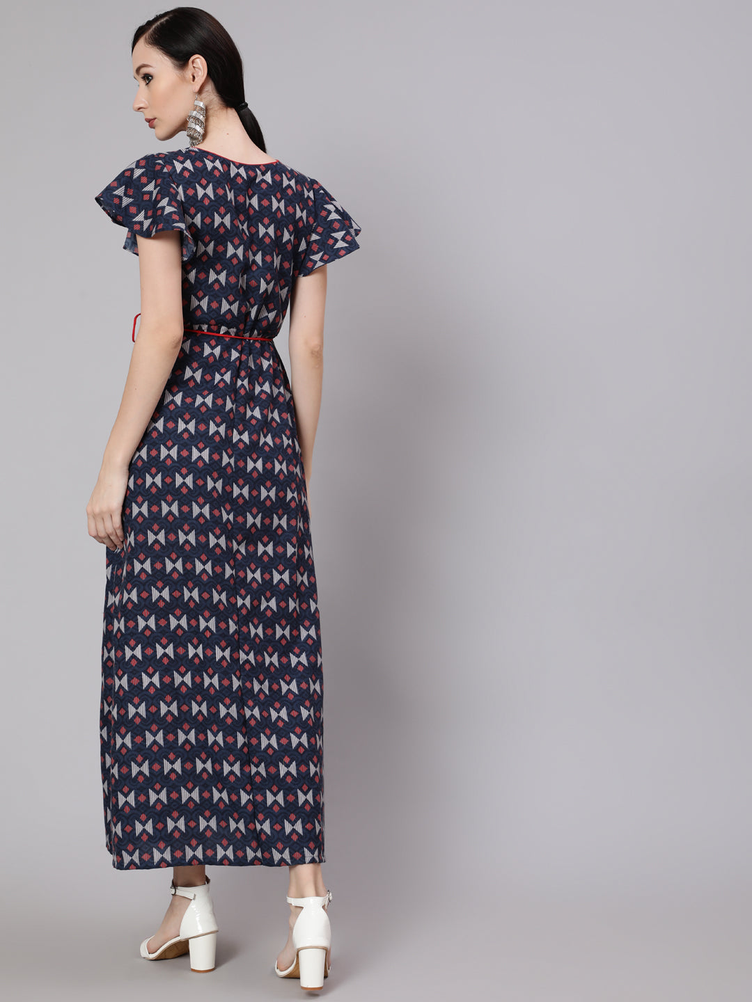 Women's Blue & Maroon Printed Side Slit Maxi Dress