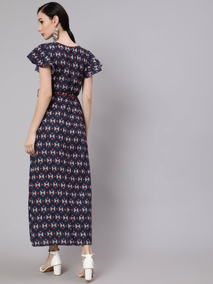 Women's Blue & Maroon Printed Side Slit Maxi Dress