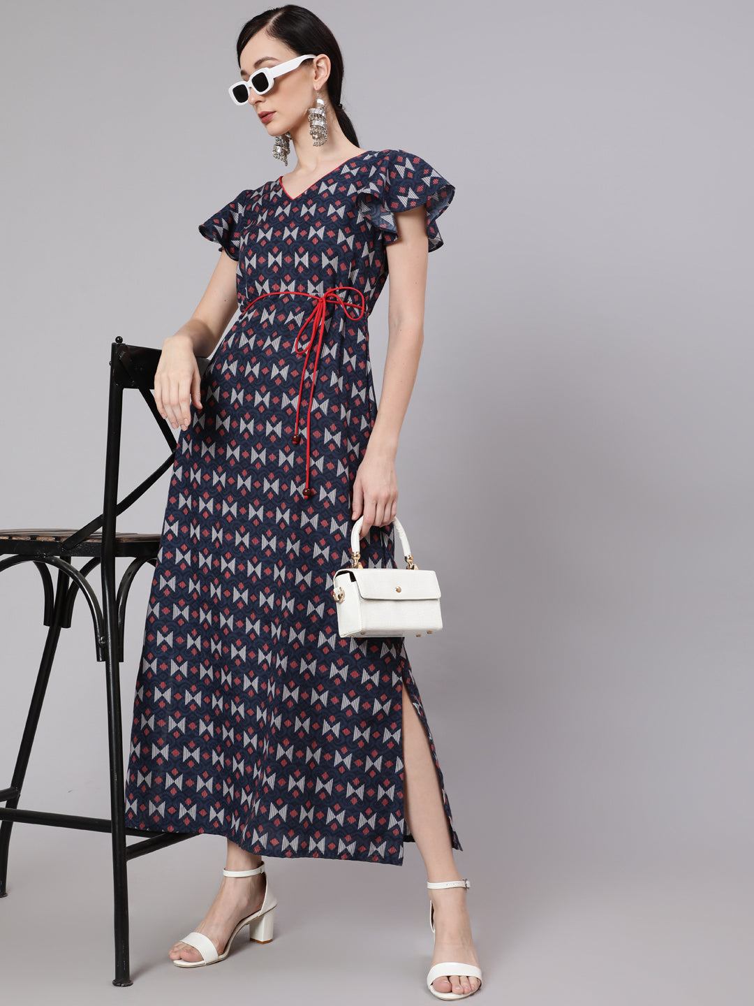 Women's Blue & Maroon Printed Side Slit Maxi Dress