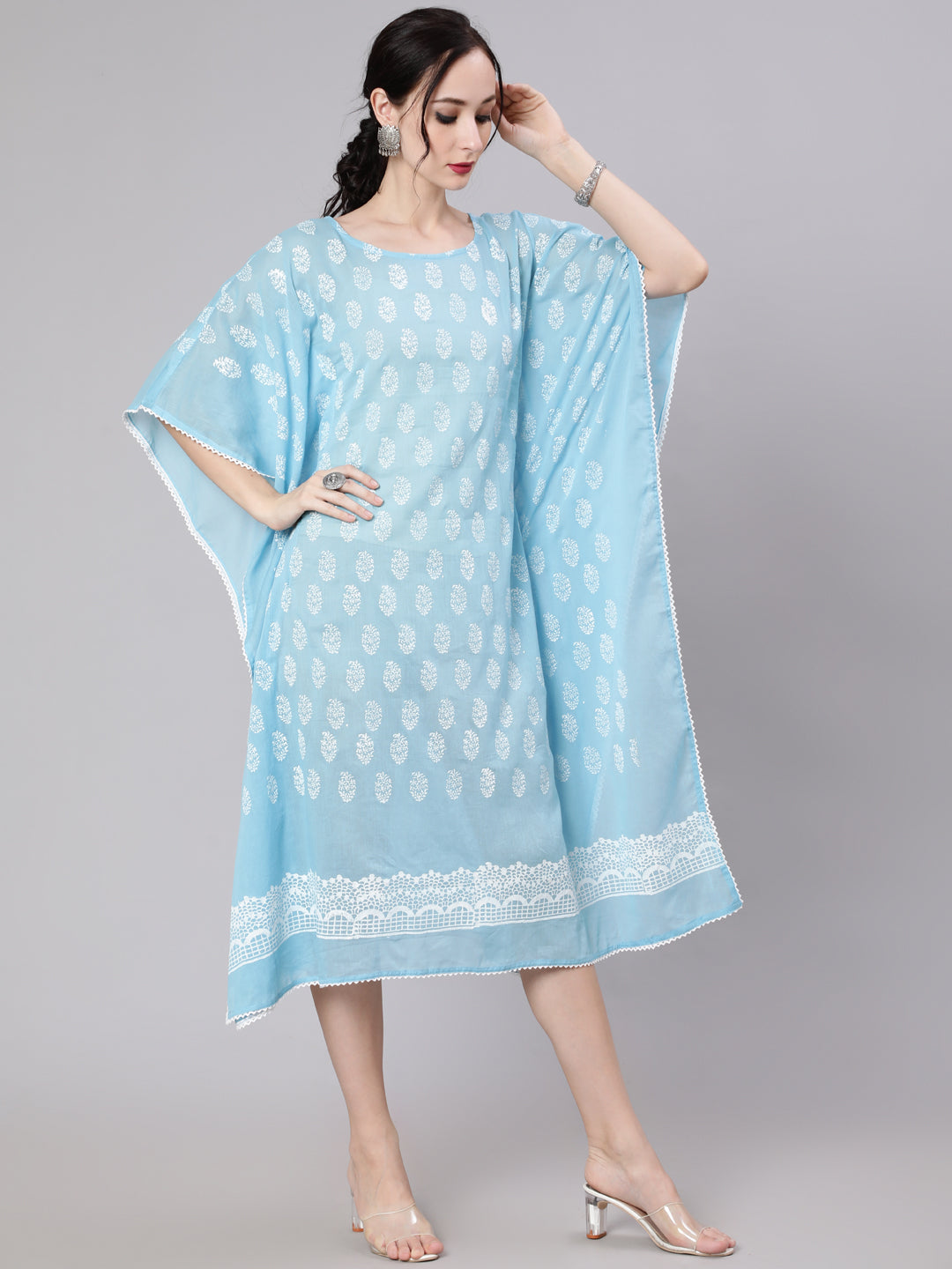 Women's Blue Hand Block Print Kaftan Dress