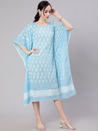 Women's Blue Hand Block Print Kaftan Dress