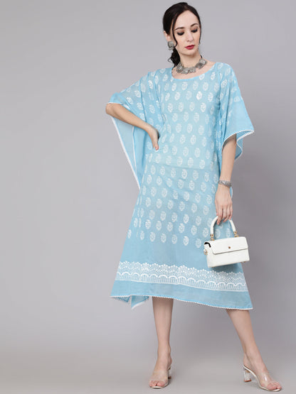 Women's Blue Hand Block Print Kaftan Dress