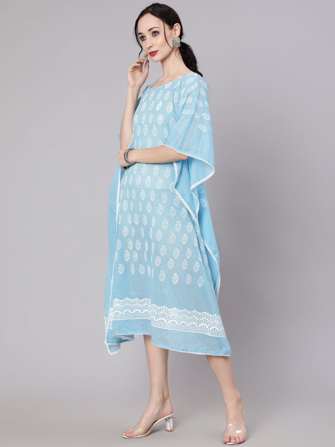 Women's Blue Hand Block Print Kaftan Dress