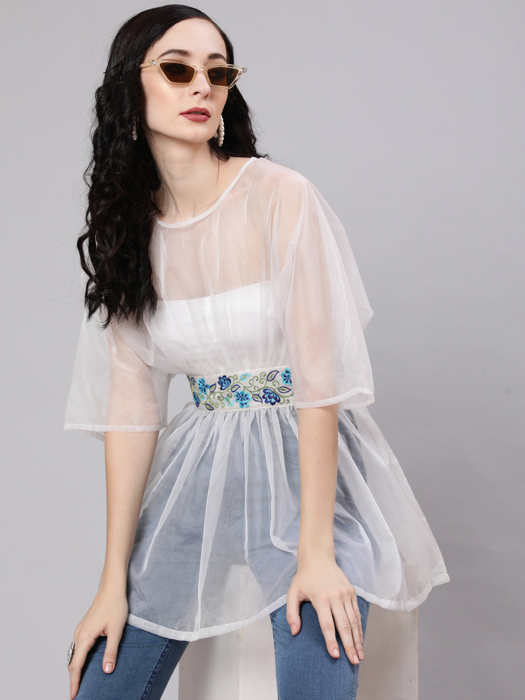 Women's White Embroidered Organza Tunic