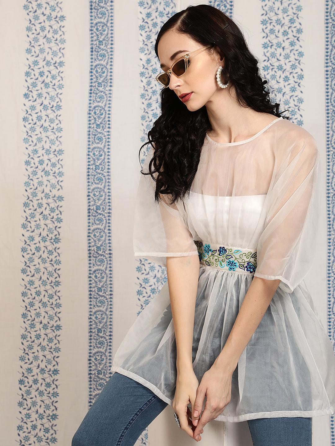 Women's White Embroidered Organza Tunic