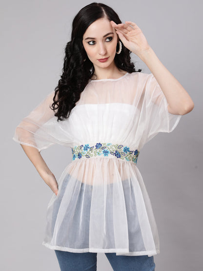 Women's White Embroidered Organza Tunic