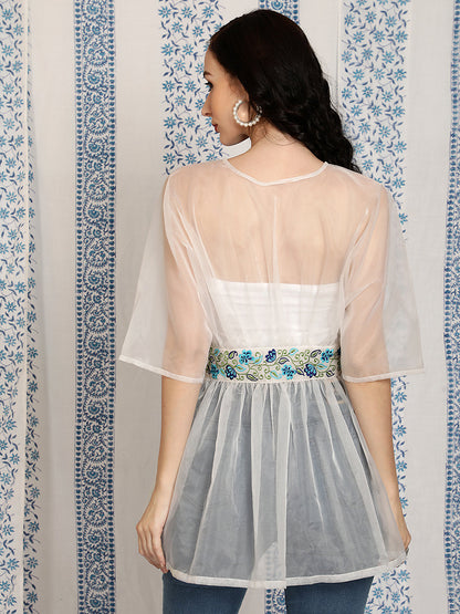Women's White Embroidered Organza Tunic