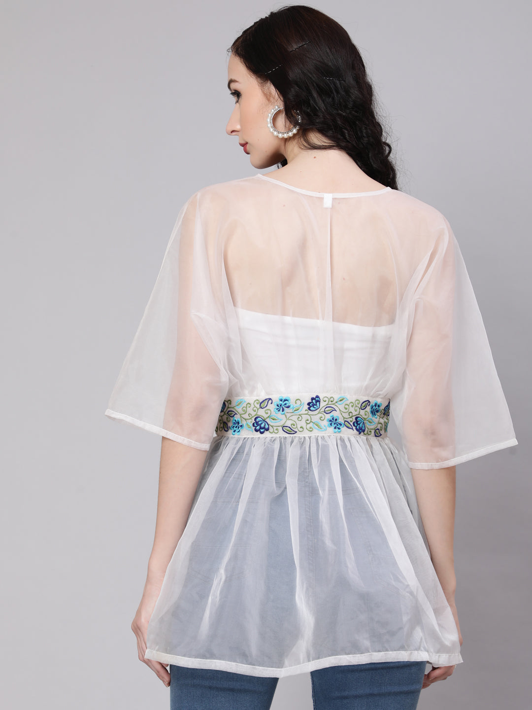 Women's White Embroidered Organza Tunic