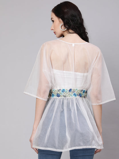Women's White Embroidered Organza Tunic