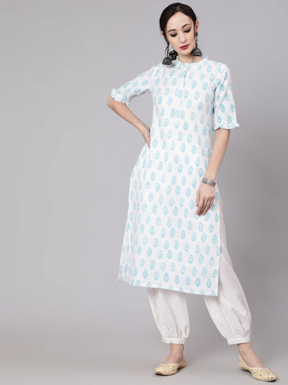 Women's White Block Printed Straight Kurta