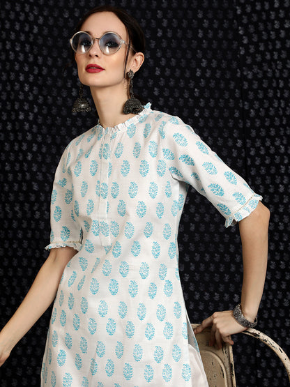 Women's White Block Printed Straight Kurta
