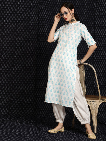 Women's White Block Printed Straight Kurta