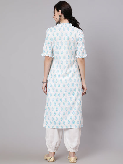 Women's White Block Printed Straight Kurta
