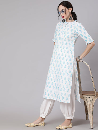 Women's White Block Printed Straight Kurta