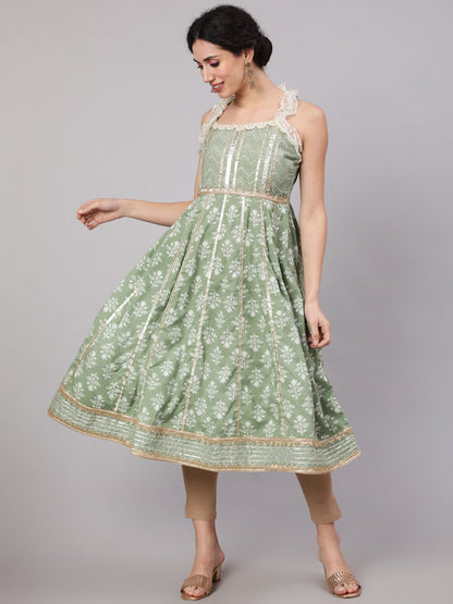 Women's Pastel Green Printed Anarkali With Lace Details
