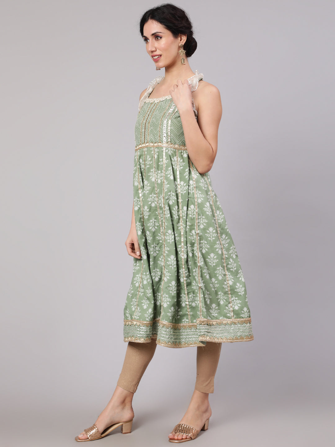 Women's Pastel Green Printed Anarkali With Lace Details