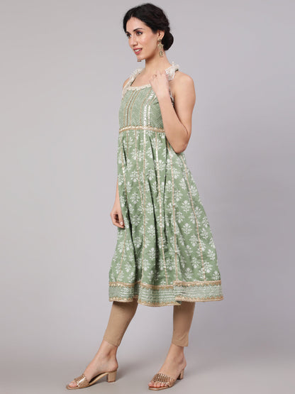 Women's Pastel Green Printed Anarkali With Lace Details