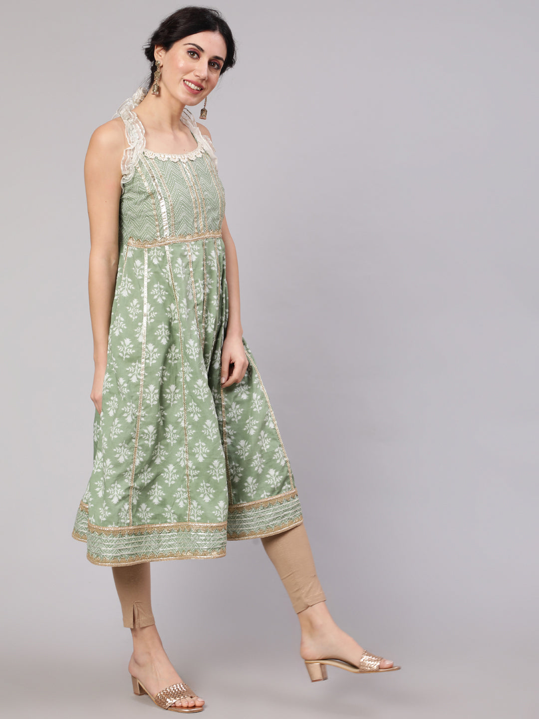 Women's Pastel Green Printed Anarkali With Lace Details
