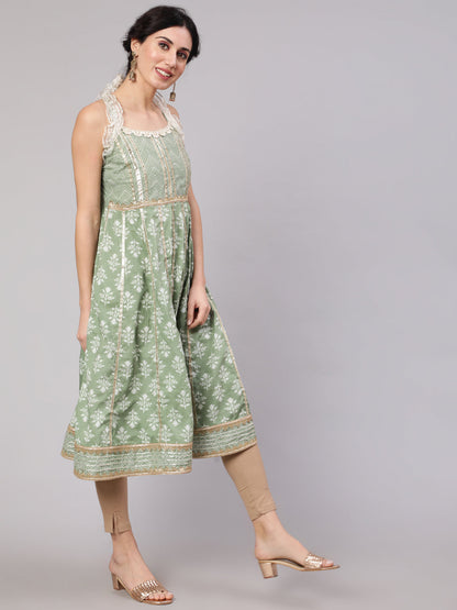 Women's Pastel Green Printed Anarkali With Lace Details