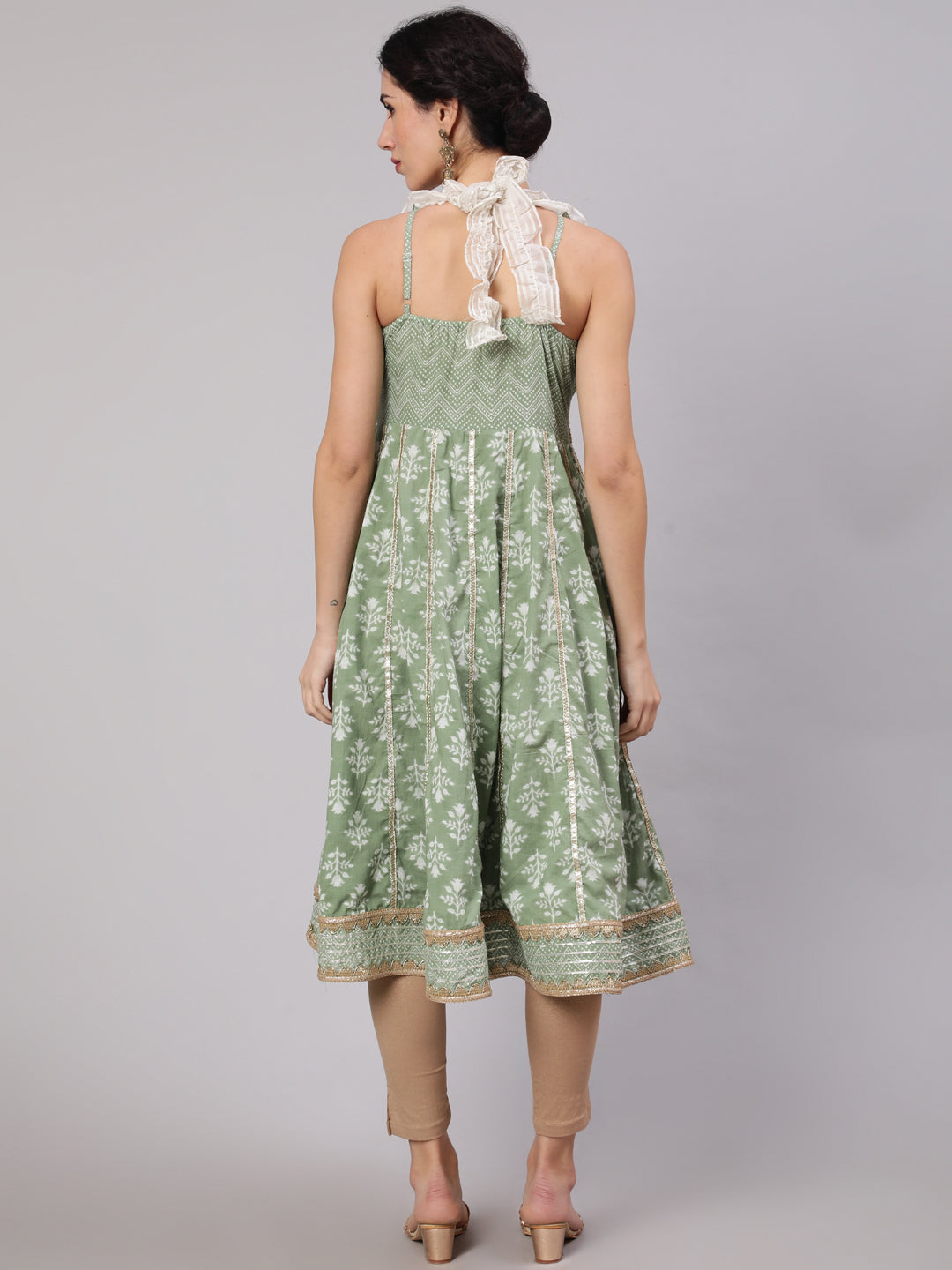 Women's Pastel Green Printed Anarkali With Lace Details