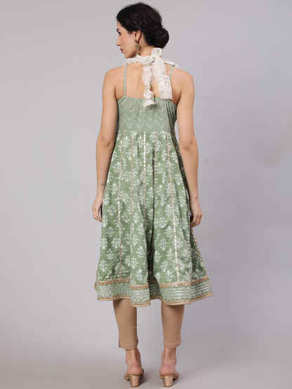 Women's Pastel Green Printed Anarkali With Lace Details